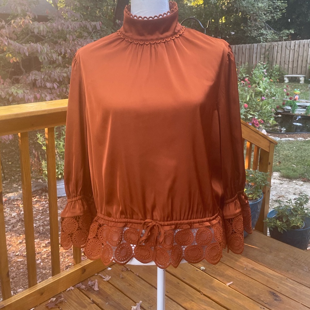 Chic Rust Women's Blouse with Lace Trim